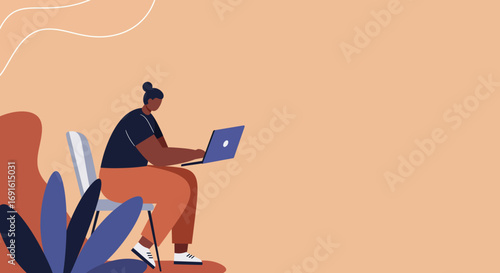 Modern illustration of a person working remotely on a laptop. Ideal for concepts of productivity, online learning, creative work, or digital lifestyle.
