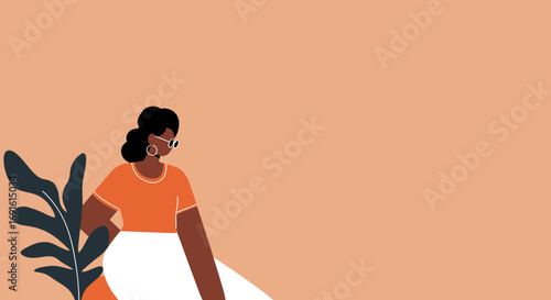 Stylish Black woman in sunglasses and orange shirt stands confidently next to a plant, embodying modern lifestyle and individuality.