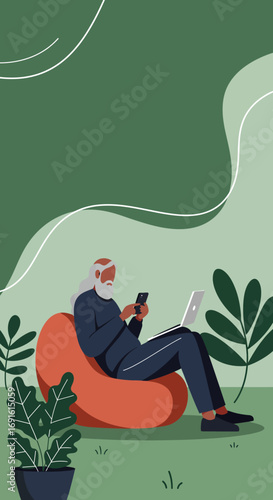 An elderly man, relaxed on a bean bag chair outdoors, engages with his laptop and smartphone, depicting modern senior lifestyle and remote work.