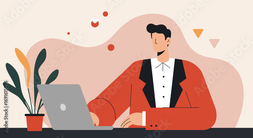 Professional man diligently working on a laptop at his desk, symbolizing modern business, productivity, and remote work. Ideal for corporate themes.