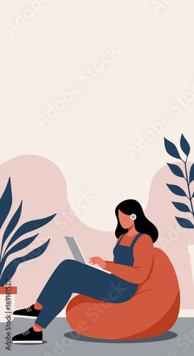 Young woman comfortably working from home on a laptop, sitting on a bean bag chair. Ideal for remote work, online education, and modern lifestyle concepts.