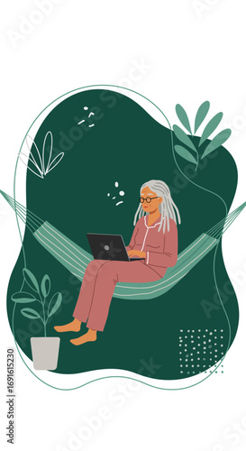 Relaxed senior woman in pajamas using a laptop while comfortably seated in a hammock. Illustrates remote work, leisure, and modern digital lifestyle.