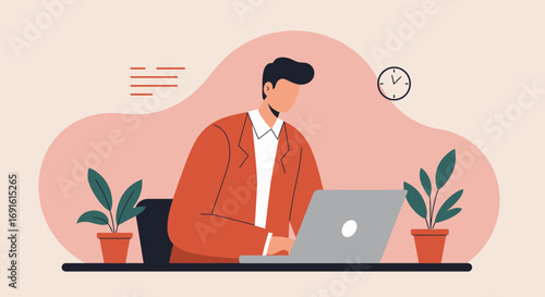 Professional man works diligently on his laptop in a modern office setting, suitable for business, remote work, or online education concepts.