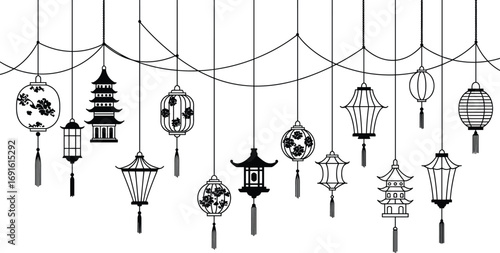 Traditional Asian hanging lanterns and pagoda decorations, black and white, festive cultural design, oriental style, celebration lighting