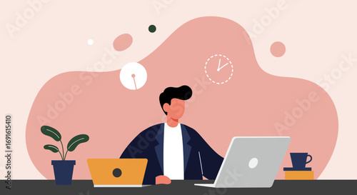 Professional man working remotely with laptops at his desk, highlighting productivity, technology, and a modern work-life balance.