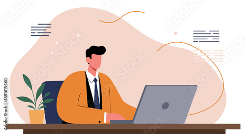 Focused businessman working diligently on his laptop at a modern office desk. Ideal for concepts of productivity, remote work, or professional tasks.