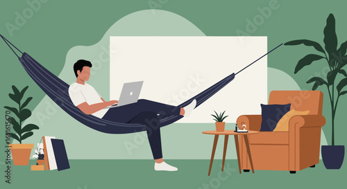 Man comfortably working on a laptop in a hammock at home, illustrating remote work, flexible lifestyle, and work-life balance in a modern, relaxed setting.