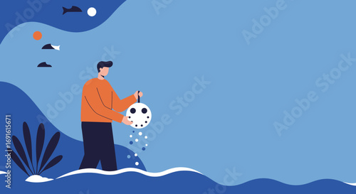 Man feeding fish in a blue ocean, illustrating marine conservation, ecological care, and sustainable practices. Ideal for environmental awareness or educational content.