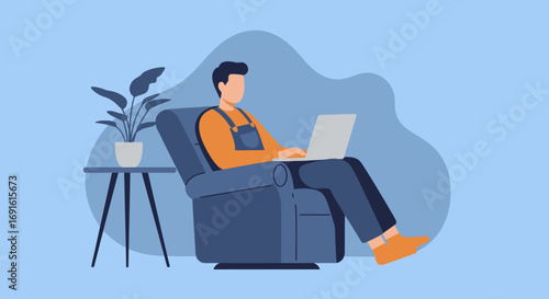 Relaxed person working on a laptop from a comfortable armchair at home. Represents remote work, online education, freelance, or leisure with technology.