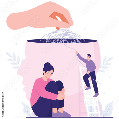 Mental Healthy Illustration. Vector illustration of Therapy helping a sad woman as a giant hand and helper unwind tangled thoughts from her head. Isolated on background