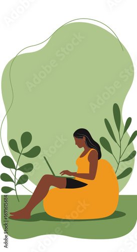 Woman working on laptop in a relaxed, comfortable setting. Ideal for themes of remote work, freelancing, online education, and digital lifestyle.