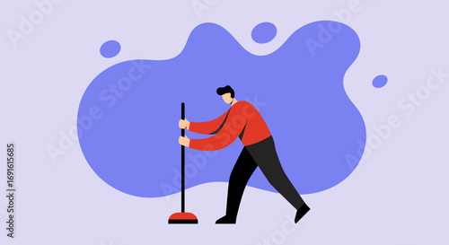 A man diligently sweeps the floor, illustrating concepts of cleanliness, household chores, routine, and maintenance. Ideal for domestic tasks and services.