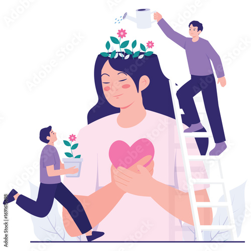 Mental Healthy Illustration. Vector illustration of Tiny helpers water flowers sprouting from a woman’s head as she holds a heart, representing support and personal growth. Isolated on background