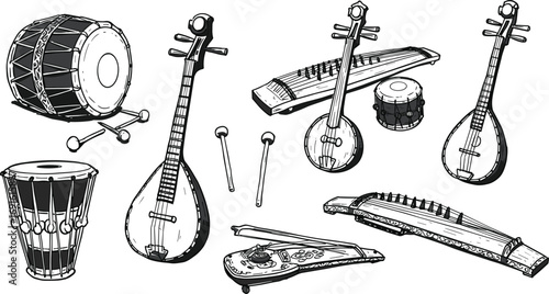 Traditional Asian musical instruments, hand-drawn sketch set, string and percussion instruments, cultural music, vintage style, artistic illustration, ethnic sound