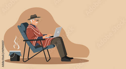 Senior man in a hat and poncho comfortably uses a laptop in a relaxed outdoor setting, embracing remote work or leisure.