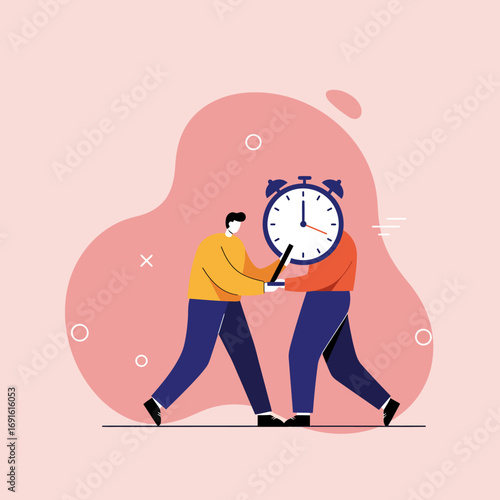 A person interacts with another whose head is an alarm clock, symbolizing time management, urgency, and the pressure of deadlines in business and daily life.
