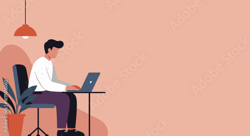 A focused man works on his laptop at a desk in a modern home office setting, ideal for themes of remote work, productivity, business, or online education.