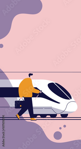 Visually impaired man with a briefcase and walking stick independently navigates a train station, ready for modern business travel or daily commute.