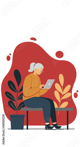 Thoughtful senior woman uses a laptop while sitting on a bench with plants. Depicts digital literacy, modern aging, and active retirement.