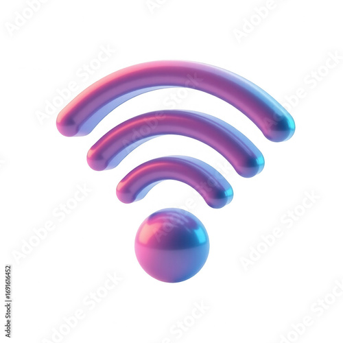 A vibrant, three-dimensional wi-fi symbol, rendered in a gradient of pink and blue hues, against a stark black background, showcasing a smooth, glossy texture.