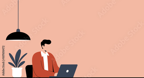 Man working remotely on laptop at a modern home office with a plant. Ideal for business, technology, and lifestyle concepts.