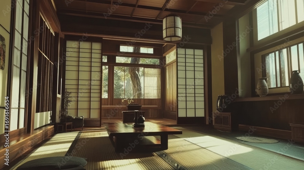 Fototapeta premium Serene Japanese Tea Room: Tranquility and Minimalism
