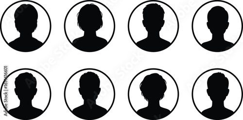 Black silhouette avatar icons, diverse human profiles, generic people headshots, anonymous user symbols, minimal vector illustration for identity, selection, or UI design