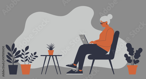 Mature woman focused on remote work or online learning with her laptop at home, surrounded by potted plants, depicting modern digital lifestyle and productivity.