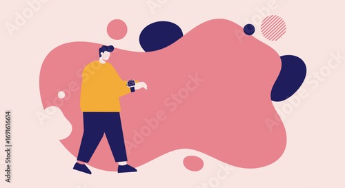 Modern man checking his smartwatch with an abstract, fluid background for text. Ideal for technology, lifestyle, health apps, or digital communication concepts.