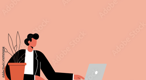Professional working on a laptop with a plant in a modern office or home setting, representing productivity, remote work, and contemporary business concepts.