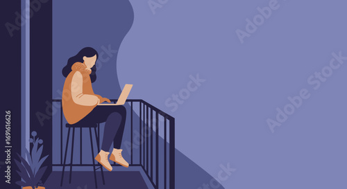 Woman working remotely on a laptop from her apartment balcony, perfect for themes of freelance work, online learning, or modern urban lifestyle.