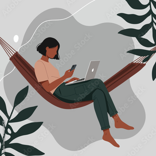 Woman working remotely from a hammock, using a laptop and smartphone. Illustrates modern digital nomad lifestyle, comfort, productivity, and work-life balance.