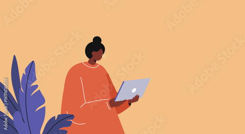 Professional illustration of a woman wearing glasses, actively using a laptop for work or study, embodying remote productivity and digital connectivity.