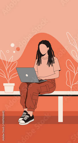 Person with dreadlocks works on a laptop in a modern, calm setting. Represents remote work, freelancing, and digital lifestyle flexibility.