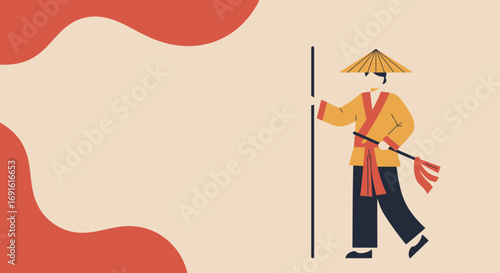 Flat design illustration of a person in traditional Asian attire with a hat and pole, suitable for marketing banners and web presentations.