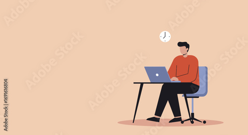 A focused man efficiently works on his laptop at a desk, emphasizing productivity, remote work, business, and time management. Ideal for concepts of deadlines and professional tasks.