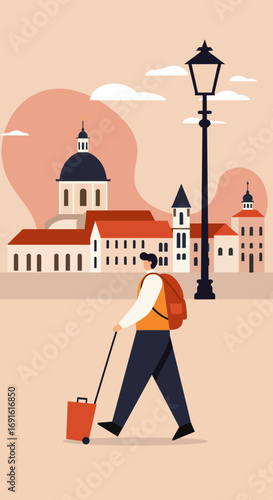 Solo traveler with backpack and suitcase walks through a picturesque European town, symbolizing journeys, exploration, and new experiences.