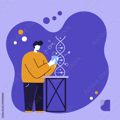 A scientist studies a DNA helix, symbolizing genetic engineering, biotechnology, and scientific discovery. Ideal for healthcare, innovation, and biological research concepts.