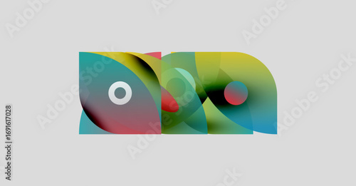 Abstract colorful shapes overlap, creating dynamic composition. Circles, curves, gradients define modern design. Bright hues dominate neutral background.