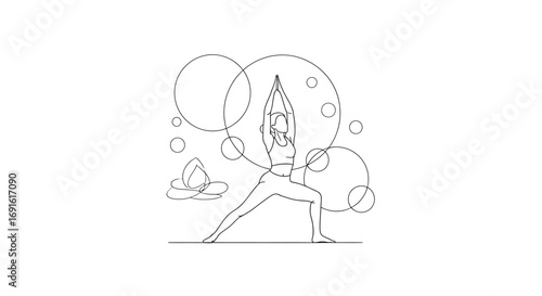 Woman practicing yoga warrior II pose, line art style.