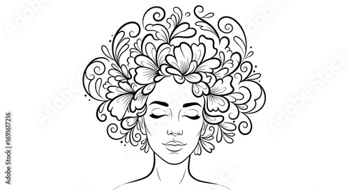Close-up of a woman's head with intricate floral and ornate hair design.