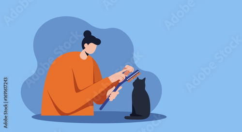 Person cleaning pet hair from a grooming brush, with a black cat nearby. Illustrates pet care, domestic life, and the loving bond between owner and animal.