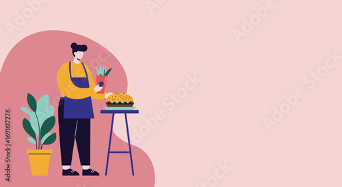 A person in an apron tending to plants and a freshly baked pie, symbolizing home baking, gardening hobbies, or a cozy small business.