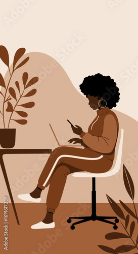 African American woman working remotely from home, multitasking with a laptop and smartphone. Depicts modern flexible work and digital connectivity.