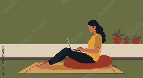Focused woman works remotely on laptop in a comfortable, modern home setting, ideal for lifestyle, business, and technology concepts.