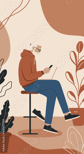 Modern senior man using laptop and smartphone for remote work or online communication in a stylish, plant-filled space. Digital lifestyle.