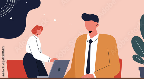 Two business professionals collaborating at a desk in a modern office, highlighting teamwork, productivity, and contemporary corporate life. Ideal for business and technology themes.