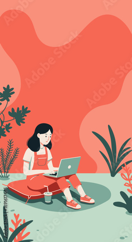 Young woman comfortably working on her laptop outdoors, enjoying a relaxed freelance or remote work lifestyle in a serene garden setting. Blending technology with nature.