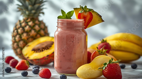 Vibrant berry and tropical fruit smoothie, a refreshing and nutritious drink perfect for a healthy start or a summer day. Enjoy the fresh flavors of nature