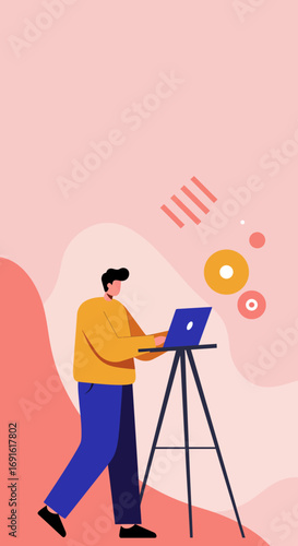 Man working diligently on a laptop mounted on a tripod, depicting remote work, online learning, or creative content creation against a modern abstract background.